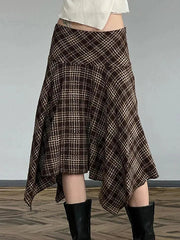 Aiertu -Vintage Plaid Contrast High-Waisted Asymmetrical Skirt aiertu