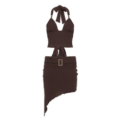 Aiertu - Sexy Holiday Style Two Pieces Set Women Summer Cropped Halter Top+Asymmetric Hem With Metal Ring Button Skirt Outfits Aiertu