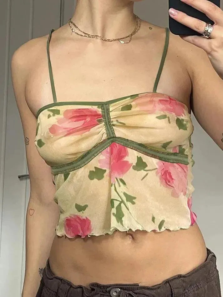 Aiertu -Floral Print Mesh Ruffle Trim Cami Top aiertu