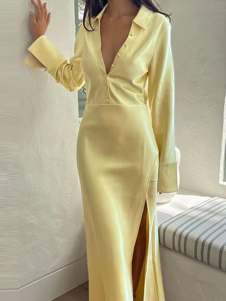 Aiertu - Vintage Solid Silk Shirt Long Dresses Women Elegant Loose Lapel Single Breasted High Waist Slit Dress Lady Chic Party Streetwear Aiertu