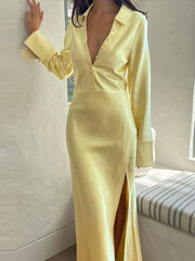 Aiertu - Vintage Solid Silk Shirt Long Dresses Women Elegant Loose Lapel Single Breasted High Waist Slit Dress Lady Chic Party Streetwear Aiertu
