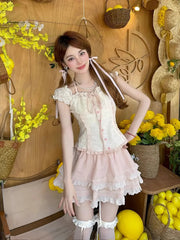 Aiertu - Summer Sweet Girls Two Piece Skirt Sets Lace Splicing Puff Sleeve Slim Shirt Tops + High Waist A Line Mini Skirt Outfits Aiertu