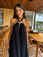 Aiertu - New Sexy Women Black Dresses Tassel Sleeveless Naked Waist Halter Dress Summer Party Evening Female Vestidos Aiertu