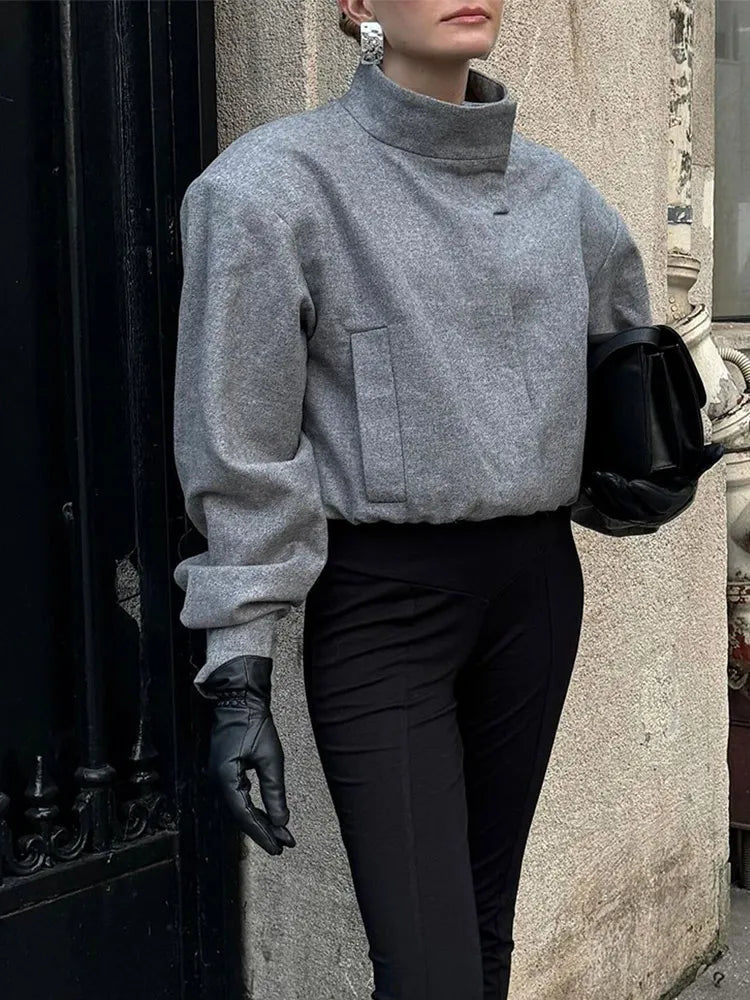 Aiertu - Fall Outfits 2026 Women Solid Stand Collar Wool Blends Bomber Jacket Fashion Elegant Long Sleeve Cropped Coat Autumn Casual Lady Commute Outwears Aiertu