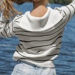 Aiertu - cold weather outfits Women Casual Striped Sweater Turndown Collar Zipper Knitted Long Sleeve Jumper Fashion Ladies Minimalism Knitwear Top Aiertu