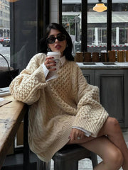 Aiertu - Twisted Flower Loose Sweater Women Winter New Round Neck Long Sleeve Oversized Jumper Female Simple Casual Knitted Pullover Tops Aiertu