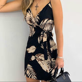 Aiertu Summer Women Holiday Floral Leaves Print Bodycon V-neck Mini Dress Female Spaghetti Strap Bohemian Beachwear Bow Belt Aiertu