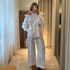 Aiertu - Fashion Ruffle Shirt Pants Sets Women Loose Off Shoulder Blouse High Waist Wide Leg Trouser 2025 Spring Summer Lady Solid Outfit Aiertu