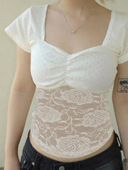 Aiertu -Lace Solid Hollow Texture U-Neck Top aiertu