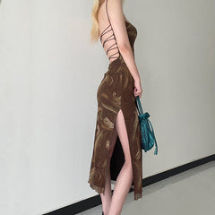Aiertu - Retro Print Backless Strap Sexy Sling Maxi Dress Aiertu