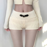 Aiertu - Y2K Belt Buckle Detail Knitted Shorts Japanese Girl Style Beige Slim Fit Sweater Shorts Cute Casual Outfits Winter Aiertu
