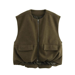 Aiertu - Winter New Vintage Solid Vest Jacket Women Round Neck Zipper Cardigan Waistcoat Streetwear Fashion Sleeveless Outerwear Aiertu