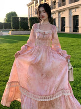 Aiertu - Elegant Sweet Pink Print Midi Dresses for Women Flower Square Collar Lantern Sleeve Lace Patchwork Long Dress Autumn Party Robe Aiertu