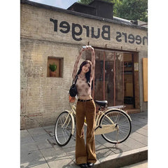 Aiertu - American Retro Plaid Mesh Tops Long Sleeve Korean Fashion Streetwear T Shirt Women Autumn Tops Tees 2000s Clothes Y2k Aiertu