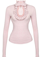 Aiertu - Winter Lace Hollow Out Sweet Y2k Aesthetic Women's Tees Fairy Fur Patchwork Bodycon Tops Kawaii Cute Half High Collar T-shirts Aiertu