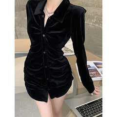 Aiertu Vintage Shirts Women Black Velvet Pleated Blouses Korean Elegant Folds Turn Down Collar Long Sleeve Slim Chic Casual Tops Aiertu