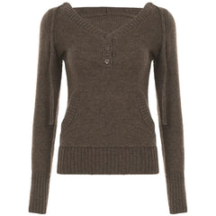Aiertu - Y2K Brown V-neck Hooded Sweater Vintage Basic Slim Button Up Knitted Pullovers Autumn Casual Streetwear Outfits Lady Aiertu