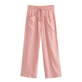 Aiertu - American hottie elastic high-waisted straight casual pants for women summer new linen blended bloomers Aiertu