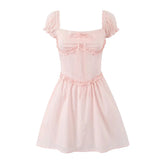 Aiertu - Summer Women Elegant Pink Mini Dress Vintage Puff Sleeve Slim Low Waist Birthday Party Dresses Bandage Back Robe Aiertu