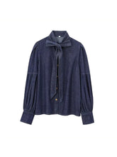 Aiertu Women Fashion Denim Blue Single Breasted Jackets Shirts Vintage Bow Neck Long Sleeves Female Chic Lady Outfits Aiertu