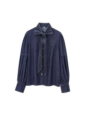 Aiertu Women Fashion Denim Blue Single Breasted Jackets Shirts Vintage Bow Neck Long Sleeves Female Chic Lady Outfits Aiertu