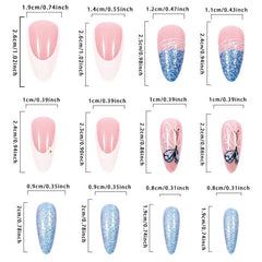 Aiertu - 24PCS Retro French Fake Nail Art Glitter Simple Blue Sequin Butterfly Designs Almond Detachable Press on Nails Sweet False Nails Aiertu