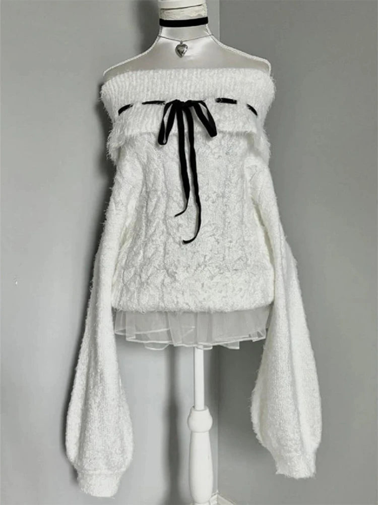 Aiertu - Y2k Aesthetic Bandage Lolita Sweater Women Slash Neck Off Shlouder Twist Grunge Pullover Autumn Vintage Fairy Knitted Jumpers Aiertu