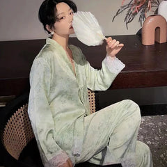Aiertu - Women's Satin Pajama Set Long Sleeve Spring Autumn Ladies Sleepwear 2 Pcs with Pant Silk Like Lace Patchwork Pijama Suit Female Aiertu