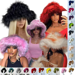 Aiertu - Luxury Fluffy Women Faux Fur Bucket Hats Oversized 17cm Wide Brim Thicken Outdoor Warm Plush Punk Hat Girl Y2k Female Ski Panama Aiertu
