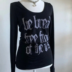 Aiertu - Y2k Spicy Girl Classic Letter Printed Black Splicing Long Sleeves Vintage Slim Fit Comfortable T-shirts Autumn New Base Tops Aiertu