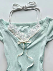 Aiertu - Y2k Aesthetic Fake Two Pieces Halter Bandage T-shirts Summer Women Lace Patchwork Crop Tees Streetwear Grunge Bow Bodycon Tops Aiertu