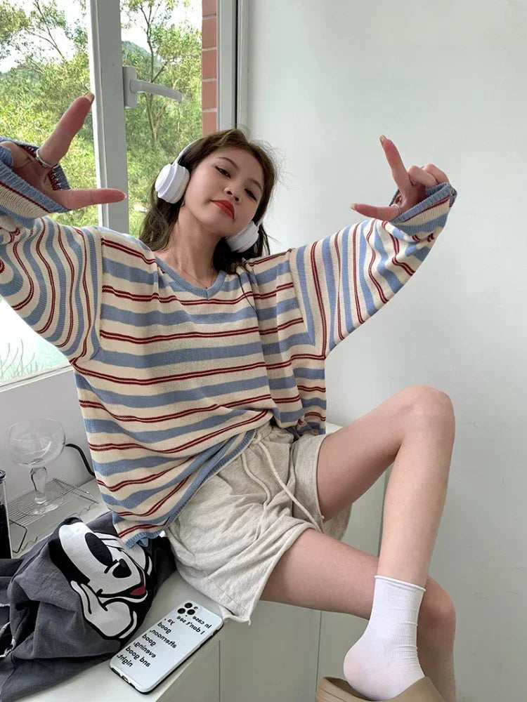 Aiertu - Harajuku Striped Knitwear T-Shirt V-neck Long Sleeve Contrast Color Tee Oversized Streetwear Korean Style Spring Clothes Aiertu
