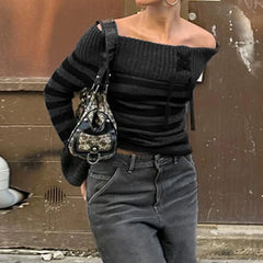 Aiertu - cold weather outfits Y2K Striped Off Shoulder Women Sweater Lace-up Chic Stylish High Street 2000s Jumper Autumn Harajuku Knitwear Tops Aiertu