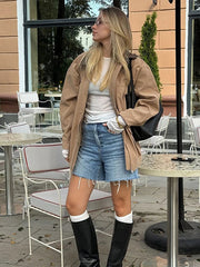 PICSGIRL - Fashion Lapel Zipper Women Jacket Full Sleeve Loose Female Coat Fashion Autumn Winter Vintage Solid Patchwork Lady Outwear Aiertu