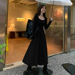 Aiertu Vintage Square Collar Maxi Wedding Dresses for Women Clothing Party Office Lady Casual Black Pockets Bodycon Midi Dress Autumn Aiertu