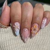 Aiertu - 24PCS Summer Almond False Nail 3D Flower Shell Fresh Design Fake Nail for Women Full Cover Acrylic Wearable French Nail Tips Art Aiertu