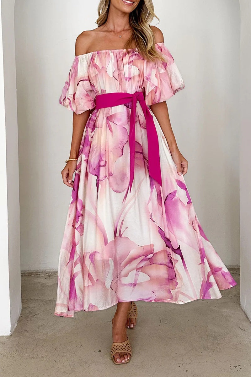 Aiertu -Elegant Floral Print Lace Up Off Shoulder A Line Dresses aiertu