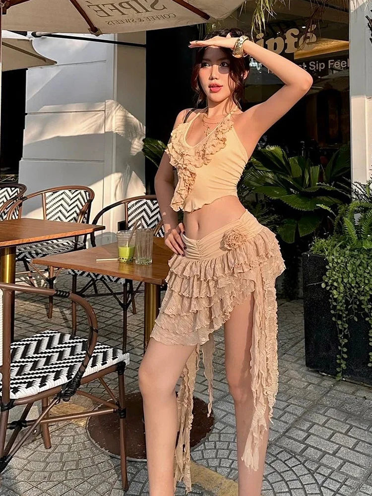 Aiertu - 2 Piece Set Women Summer Lace-Up Low-Neck Multi-Layered Lace Collarmini Tops+Tassel Skirt Multilayer Irregular Hem Suit Aiertu