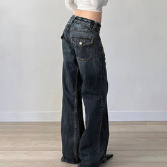 Aiertu - Grunge Aesthetic Flare Jeans Women Retro Stylish Y2K Dark Blue Denim Pants Spring Outfits Casual Slim Trousers Ladies Aiertu