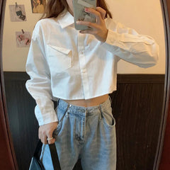 Aiertu Fashion Korean Pocket Cropped Blouse Women Casual Preppy Style Long Sleeve Short Shirt Fall Solid White All-match Y2k Tops Aiertu
