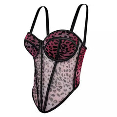 Aiertu - Women's Leopard Print Shapewear Splicing Camisole Top Mesh Lace Fishbone Bustier Inner and Outerwear Corset Top Lingerie Aiertu