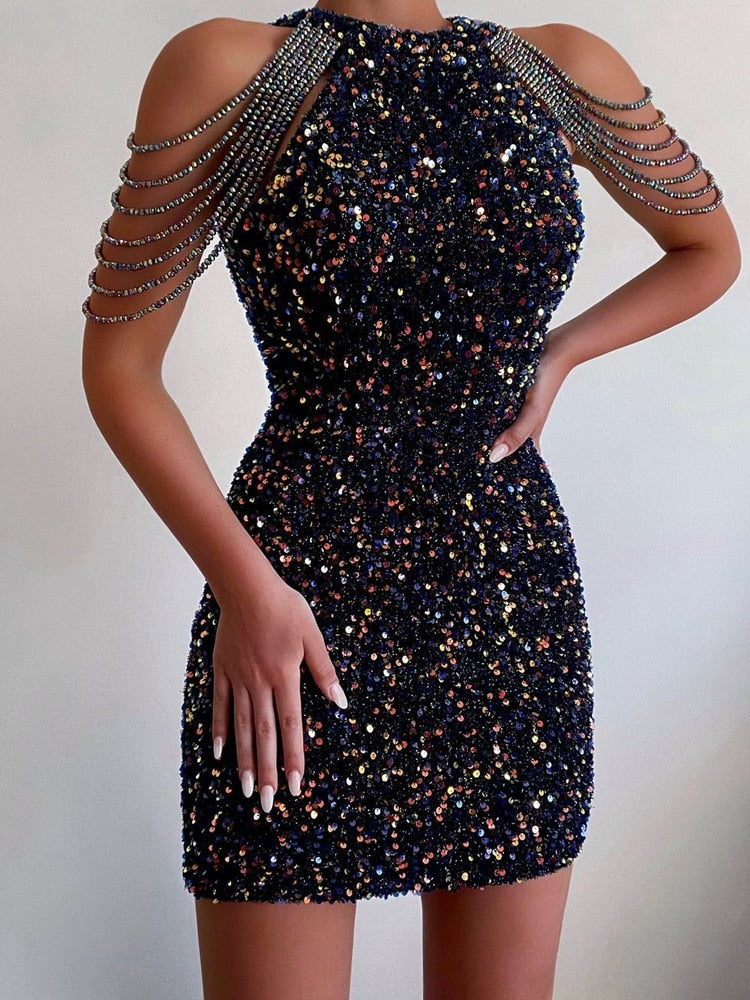 Aiertu 2025 Sexy Sleeveless Off Shoulder Skinny Dress Fashion Mini High Waist Party Dress for Women Elegant Halter Chain Sequin Dress Aiertu
