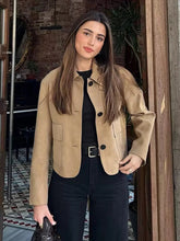 Aiertu - Women Flip Collar Long sleeved Chamois Jacket Dark Brown Double Pocket Loose Casual Fashion Classic Short Coat 2026 Autumn New Aiertu