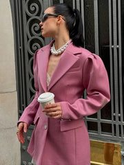 Aiertu - Puffed Sleeve Suit Coat Jacket Pink Heart-Shaped Elbow Waist Cinched Slimming Overcoat Commuter Casual Women Elegant Outwear Top Aiertu