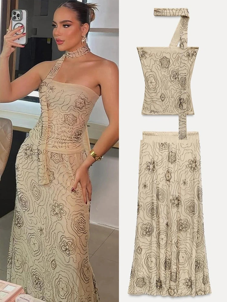 Aiertu - Summer Floral Beading Long Skirta Sets Women Sequin Embroidery Backless Scarf Halter Tube Vest A-line Skirts Beach 2 Pieces Sets Aiertu