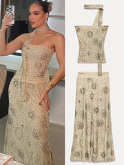 Aiertu - Summer Floral Beading Long Skirta Sets Women Sequin Embroidery Backless Scarf Halter Tube Vest A-line Skirts Beach 2 Pieces Sets Aiertu
