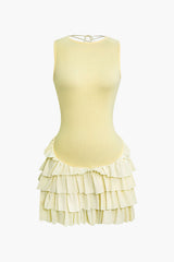Aiertu - Lace Up Back Sleeveless Ruffle Hem Mini Dress Aiertu