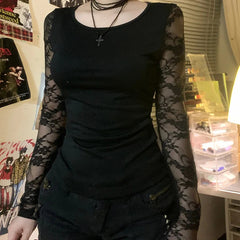 Aiertu - party look snspos Hollow Out Lace Sleeve Patchwork Top Women's Autumn Spring Sexy Slim-fitting T-shirts Chic Elegant Crew Neck Tops Retro Aiertu