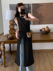 Aiertu - Korean Version Women Black Hollow Out Split Long Dress 2024 Summer Round Neck Sleeveless Knitted Vest Dress Casual Trendy Simple Aiertu