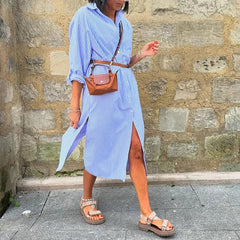 Aiertu - Women Fashion Single-breasted Shirt Dress Office Elegant Lapel Striped Printed Party Dress Casual Long Sleeve Loose Midi Dresses Aiertu